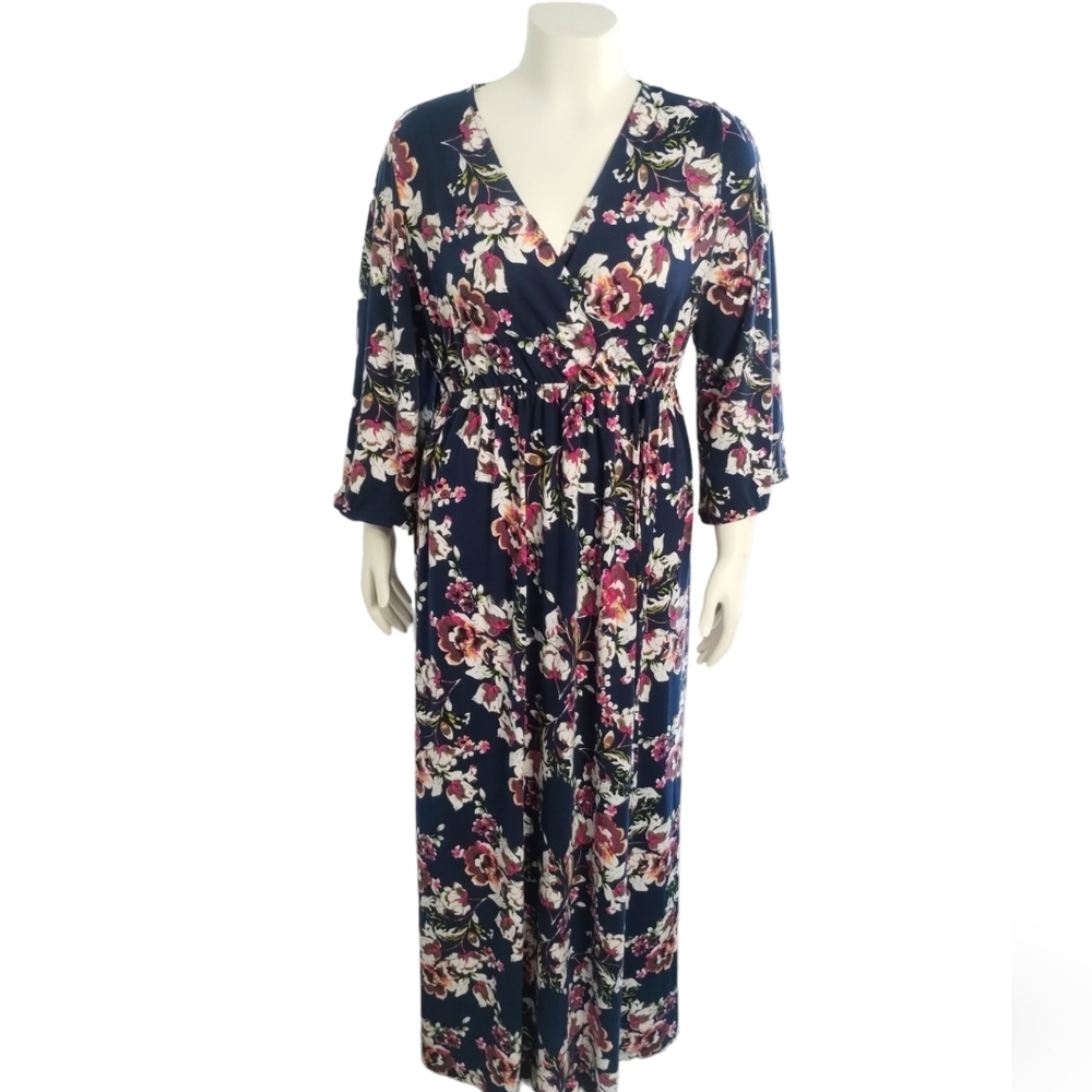Pink Blush Maternity Navy Floral Bell Sleeve Maxi Dress size X-Large Baby‎